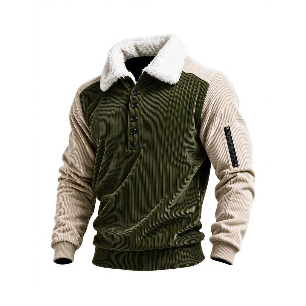 Men's Winter Corduroy Color Block Long Sleeve Lined Collared Top with Arm Zippers