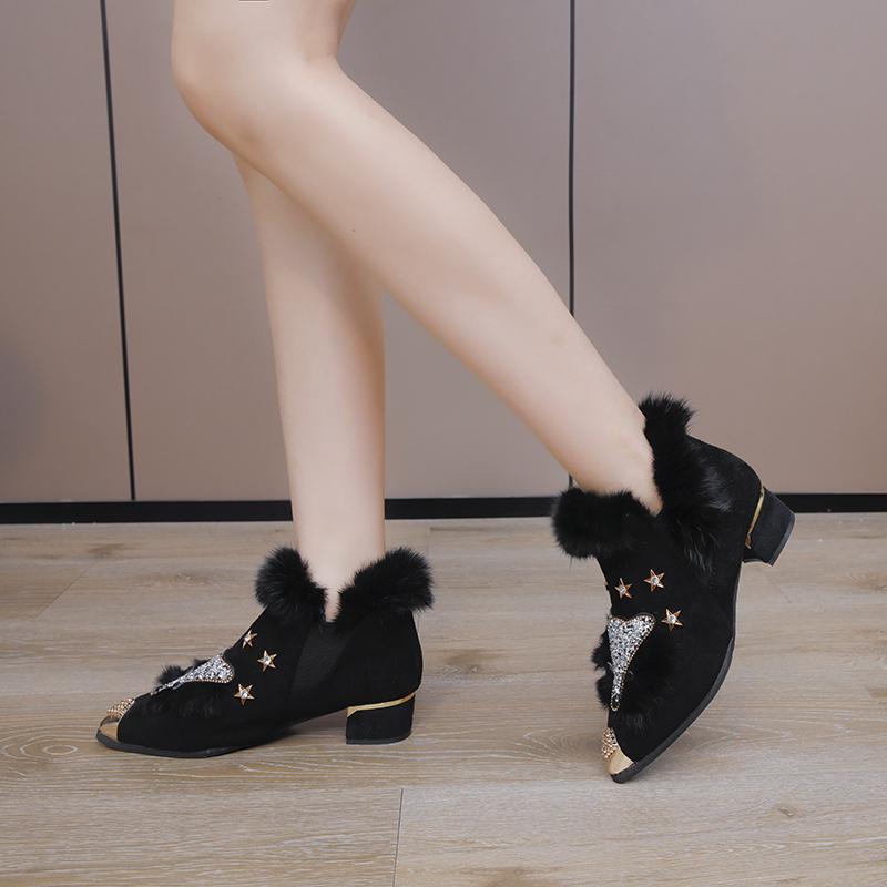 Fashion Winter New Chunky Single Boots Women's Fashion Metal Pointed Suede Sleeve Sequin Non-slip Ankle Boots