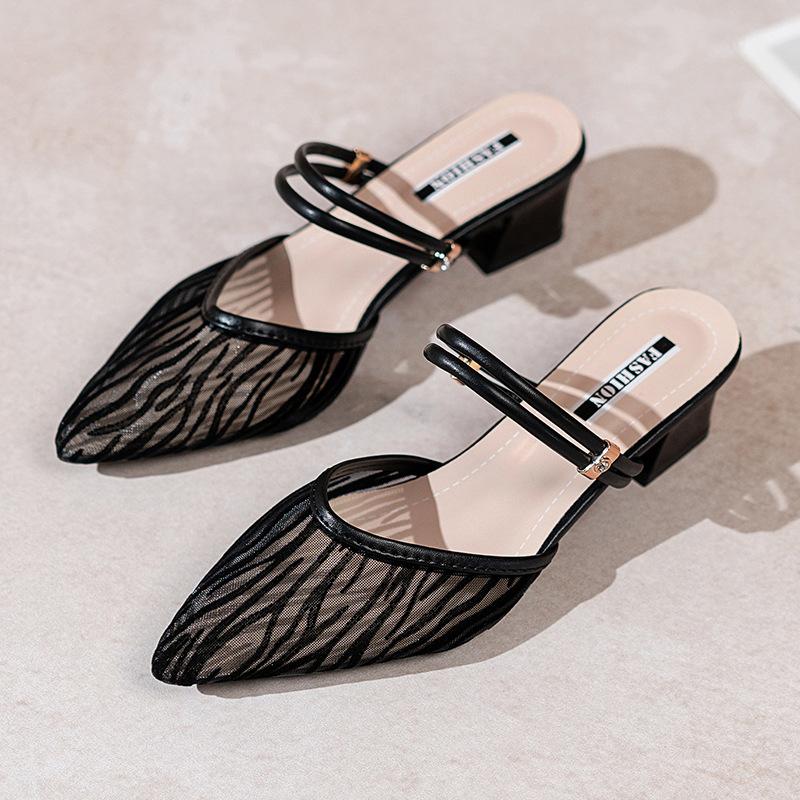 

Баотоу полутапочки женские 2025 лето новые остроносые уличные тапочки высокий каблук женские тонкий каблук кружевные прохладные тапочки 41