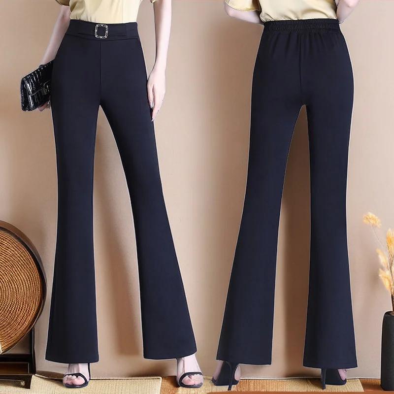 Autumn and Winter Women's Solid Colors Elastic High Waist Fashion Slim Boot Cut Pants Pockets Classic Casual Commuter Trousers