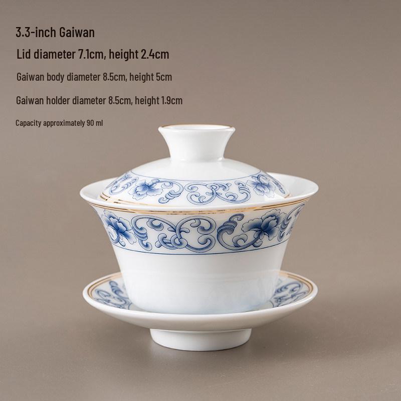 Chinese Style Ceramic Tea Set: White Porcelain Cup with Blue and White Ruyi Covered Bowl for Living Room