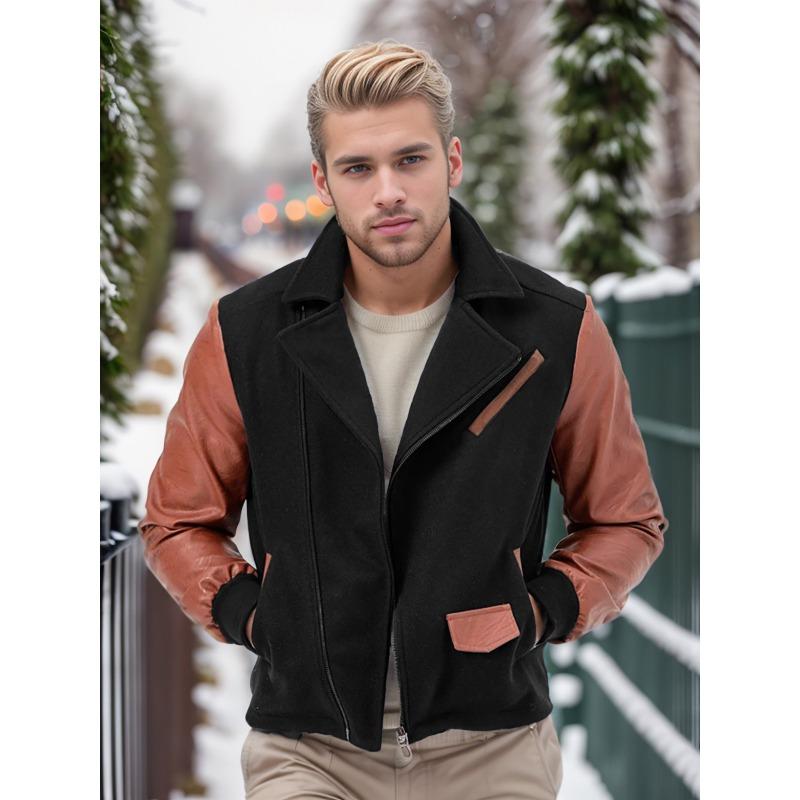 

Новая мужская куртка из искусственной кожи с лацканами из шерстяной ткани, подходящая по цвету, на молнии, пальто XXL чёрный