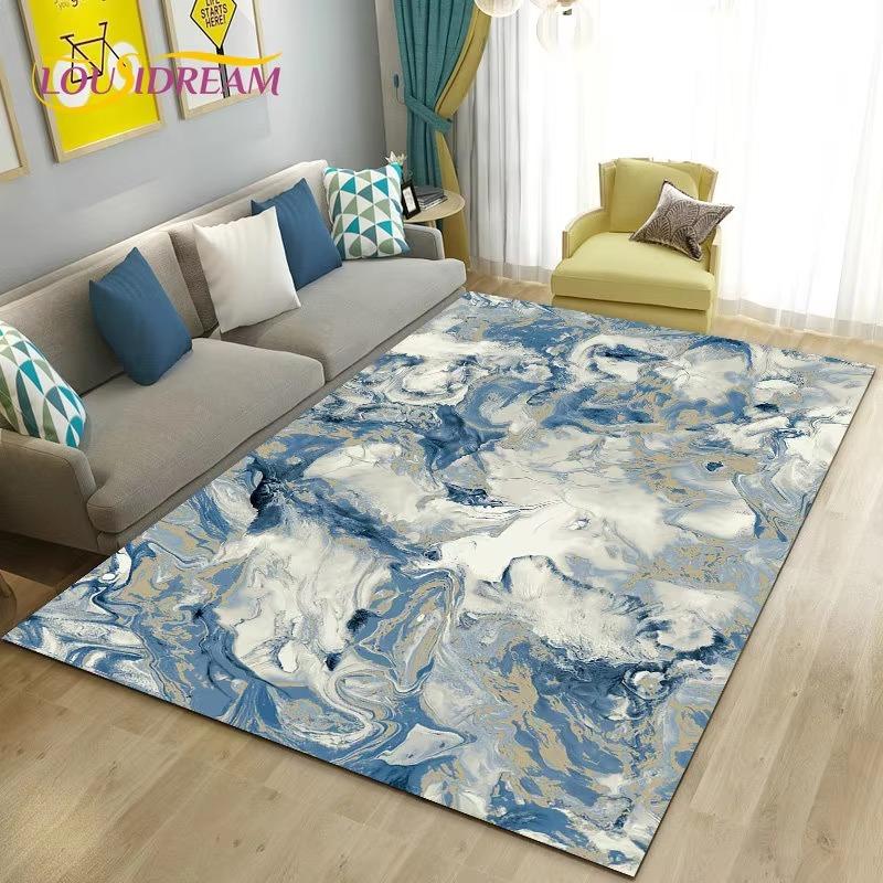 Colour Blue Gold White Marble Area Rug Large Carpet Rug for Living Room Bedroom Sofa Doormat Decoration Kids Non-slip Floor Mat