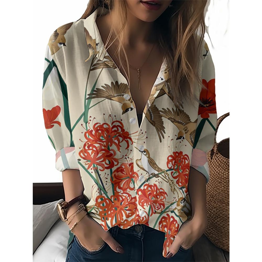 Summer Minimalist Shirt with Floral Digital Print Button Up Shirt Top for Women's Hawaiian Beach Vacation Casual Shirt