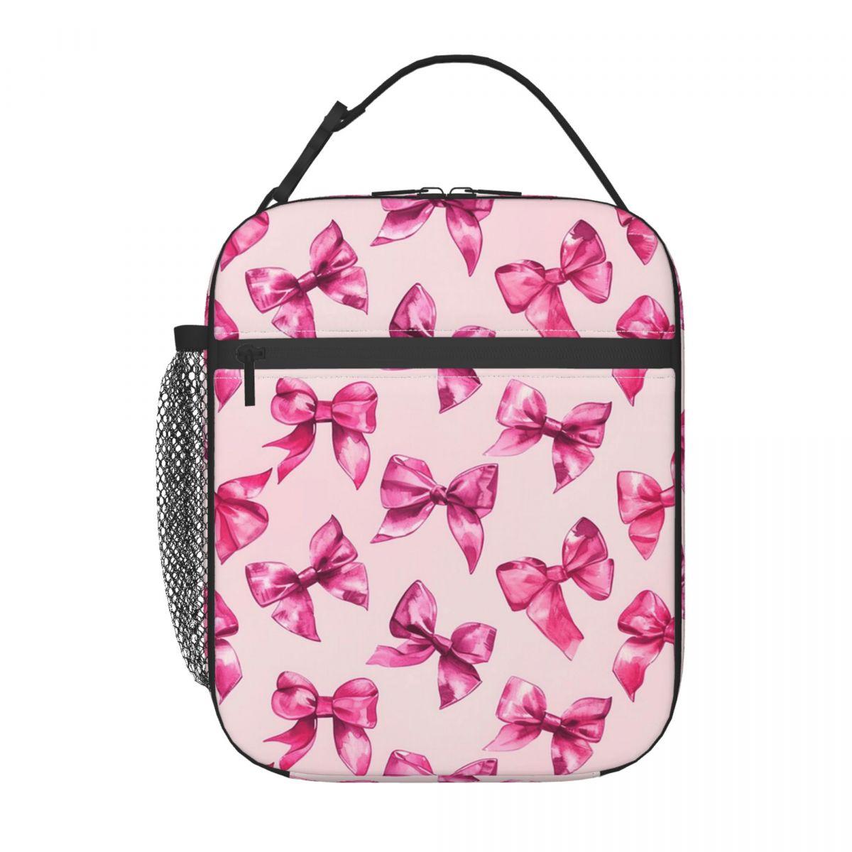 

Pink Bow Pattern Insulated Lunch Bag for Women Children Portable Food Boxes Thermal Lunch Box Tote One Size