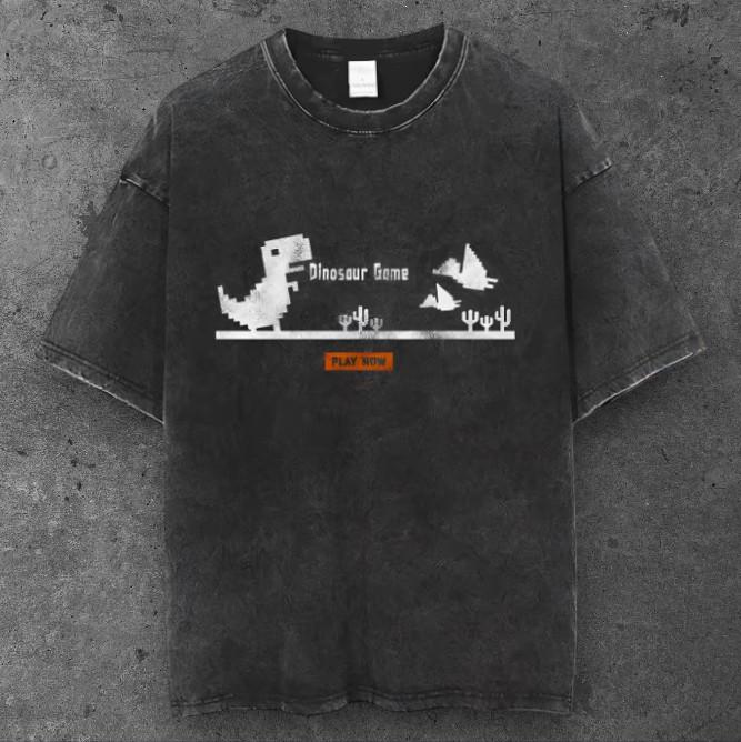 Unisex Pixel Dinosaur Game Oversized T Shirt Washed Black Y2K Streetwear S-3XL S