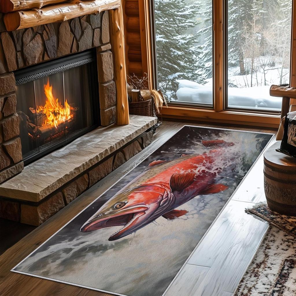 Fish Print Carpet Outdoor Theme Fish Pattern Floormat Absorbent Non-Slip Rug for Bedroom Living Room Kitchen Study Hallway