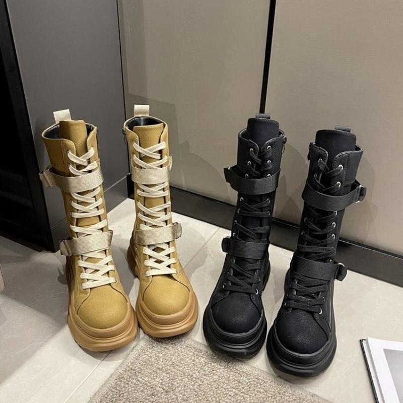 Fashion Round Toe with Laces Half High Boots for Women Spring Autumn Mid Calf Shoes Woman Cosplay Comfortable and Elegant Work Footwear