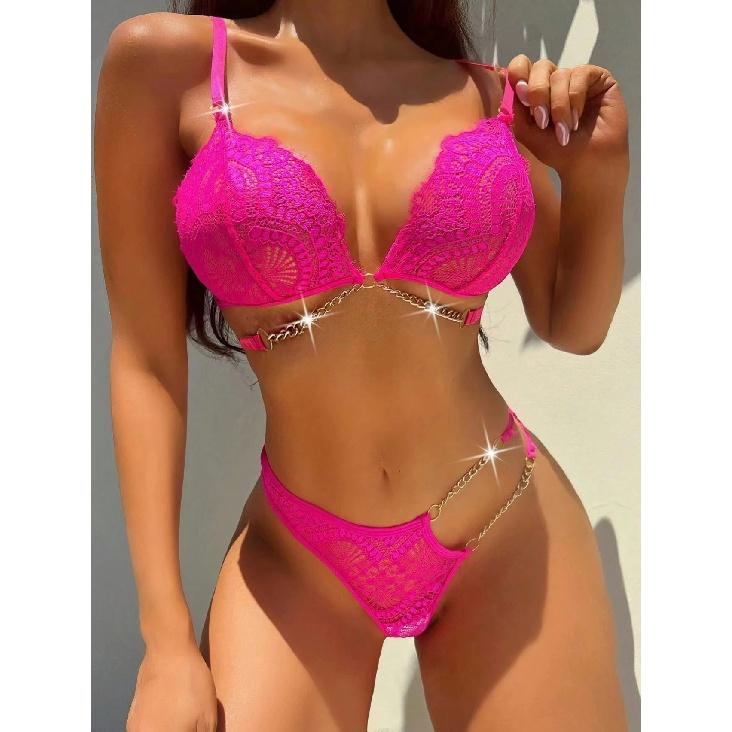 Sexy Metal Chain Temptation See-through Lace Women Lingerie Bra and Panty Female Underwear Set