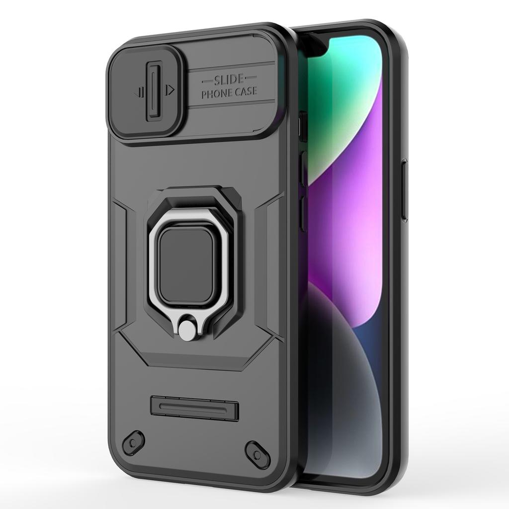For iPhone 15 PC+TPU Impact-Resistant Phone Case Slide Lens Protection Kickstand Cover