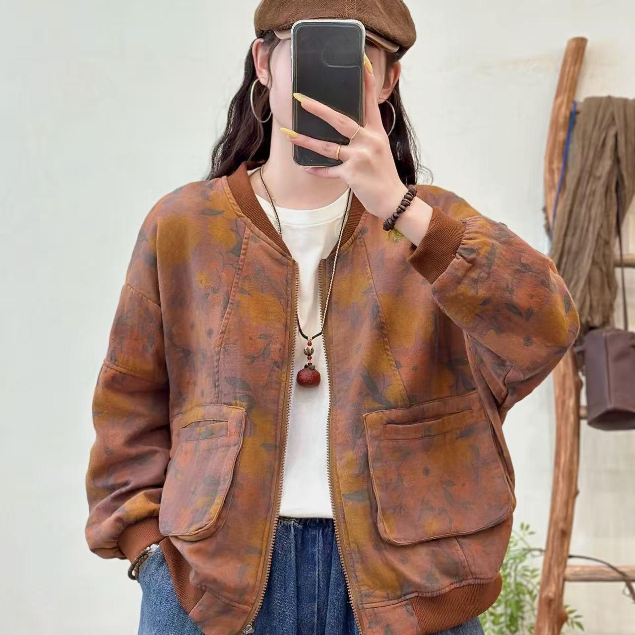 

DIMANAF 2025 Short Coat Jacket Women Linen Long Sleeve Pockets Fashion Retro Print Tops Tees Loose Tees New One Size