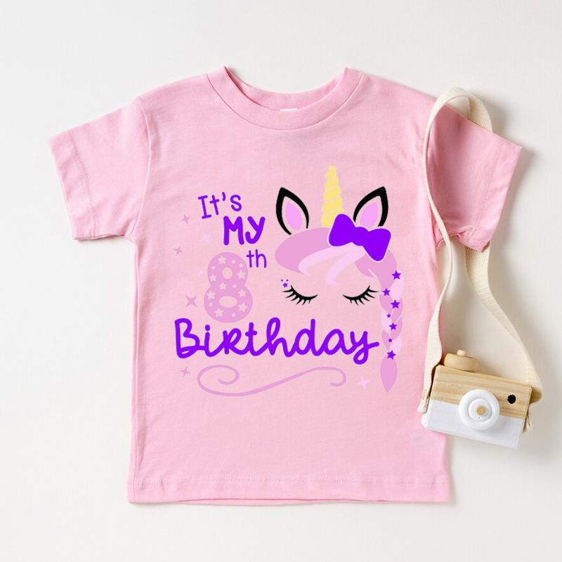 Kawaii Unicorn Face Eyelashes Number Tshirt It's My 3-9th Birthday T Shirt Kids Clothes Girl T-Shirt Short Sleeve T-Shirts