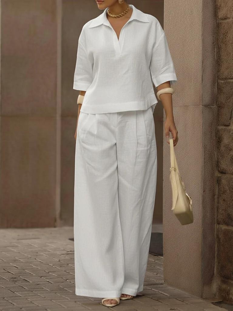 2026 European and American cross-border Amazon independent station spring and summer new solid color set, thin versatile wide-leg pants two-piece set