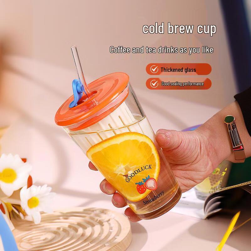 Cute Cartoon 500ml Glass Cold Brew Cup with Straw