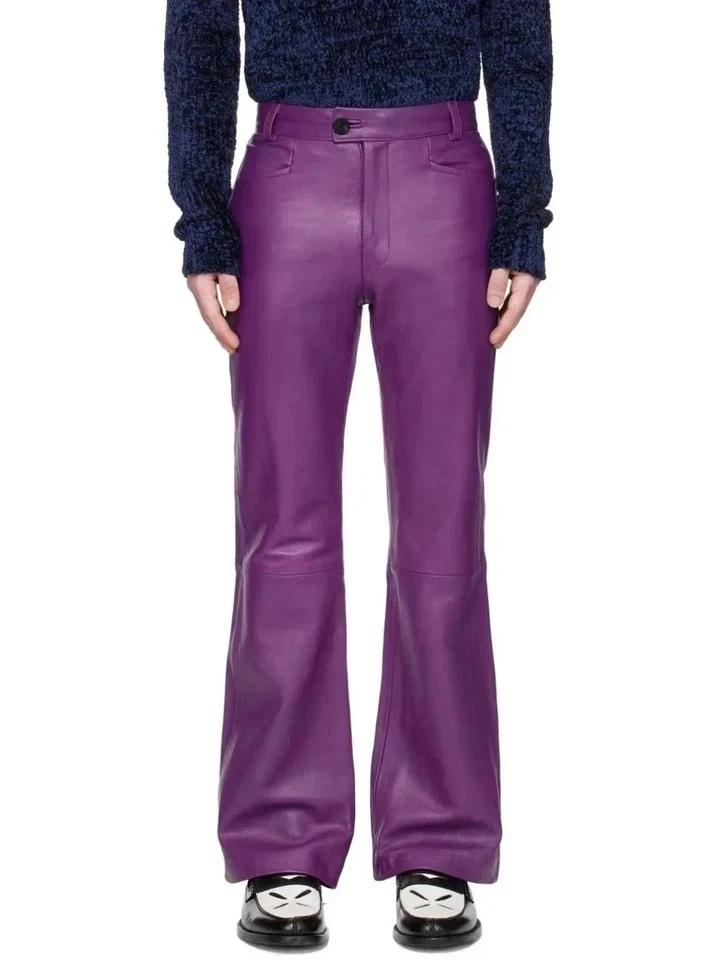 

Брюки буткат из натуральной кожи ягненка ручной работы, стильные повседневные, из натуральной кожи фиолетового цвета, мужские, чисто байкерская посадка 42 in фиолетовый