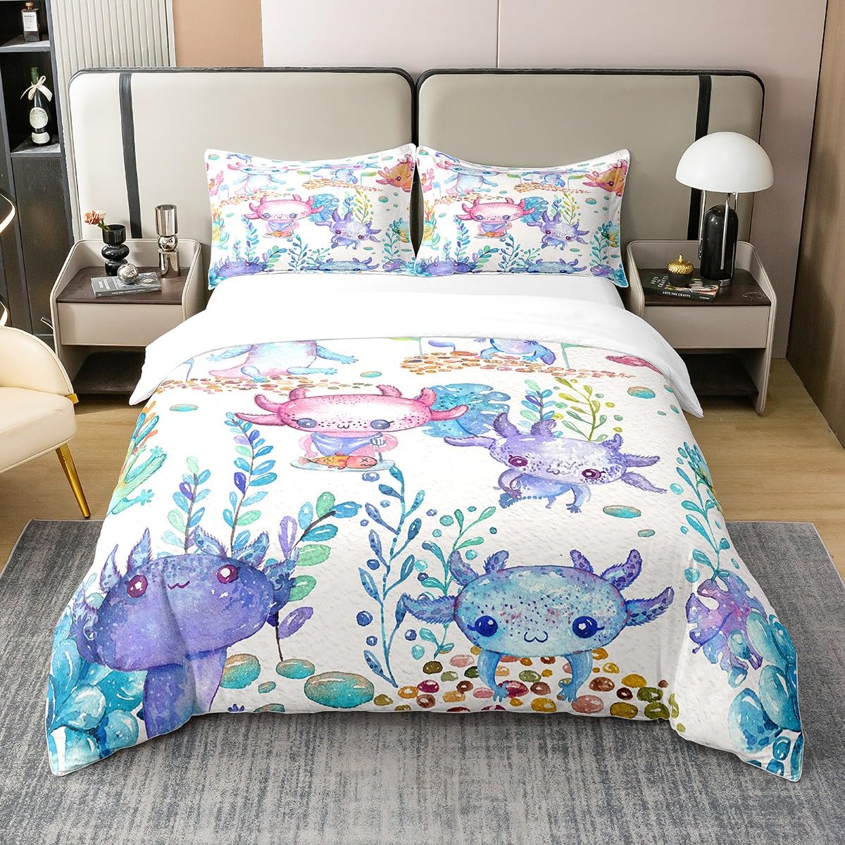 

Cartoon Axolotl Bedding Set Twin Full Size Cute Ocean Animal Duvet Cover with 2 Pillow Sham Pink Comforter Cover EU single(135x200cm)