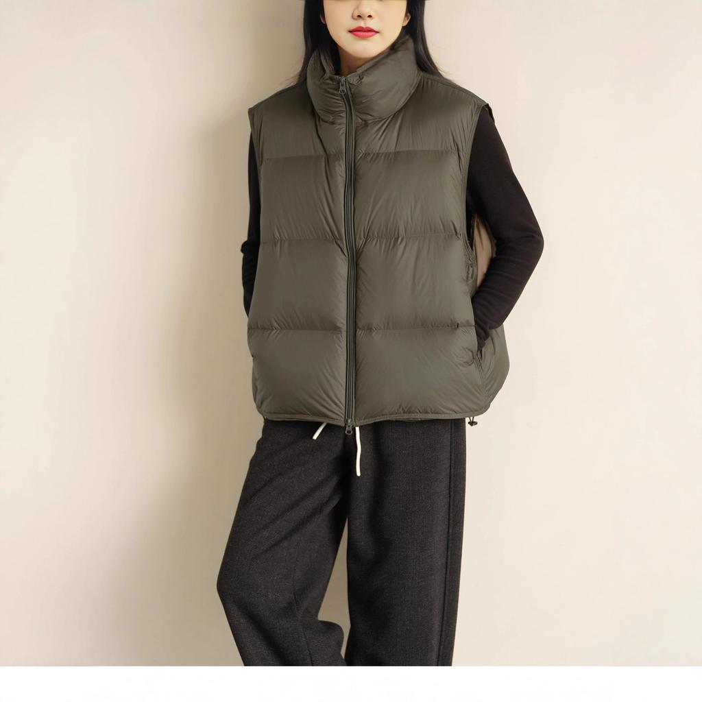 White duck down double-ended zipper sleeveless trendy drawstring pine needle green down vest women's new winter new