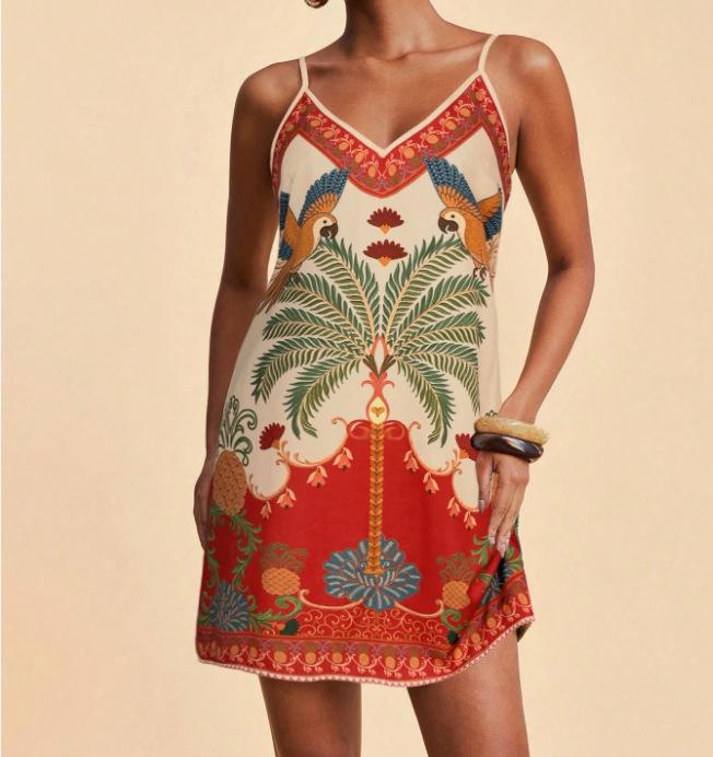 2026 Summer Fashion Casual Spaghetti Strap Printed V-Neck Slim Fit Dress for Women Medium