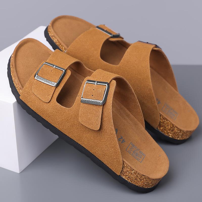 Fashion New Designer Cow Suede Slippers for Men Summer Double Buckle Retro Slipper Shoes Male Solid Color Fashion Casual Flip Flops Man