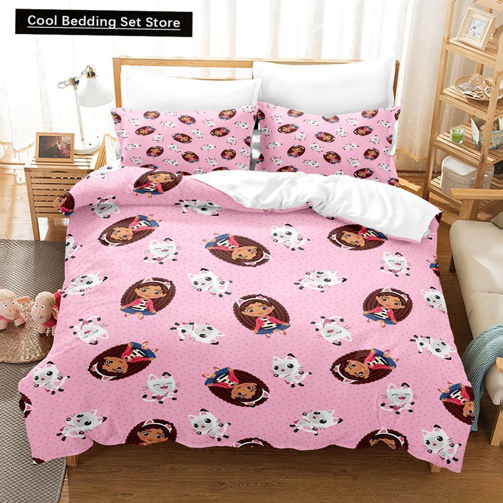 Gabbys Puppenhaus Bettwäscheset Einzelbett Twin Full Queen King Size Bettset Erwachsene Kinder Schlafzimmer Bettbezugsets 3D Anime Bettlaken-Set