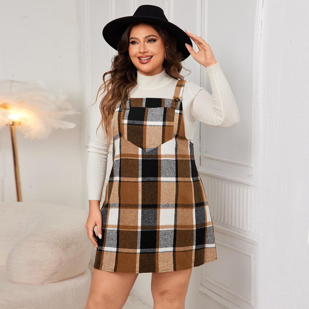 Women's Spring, Autumn and Winter Skirt Coat Inside the Skirt New Plaid Strappy Dress Plus Size XL-6XL Loose Strappy Dresses
