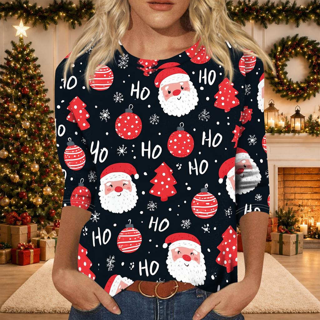Women's Casual Three-Quarter Sleeve Christmas Print Neck Top