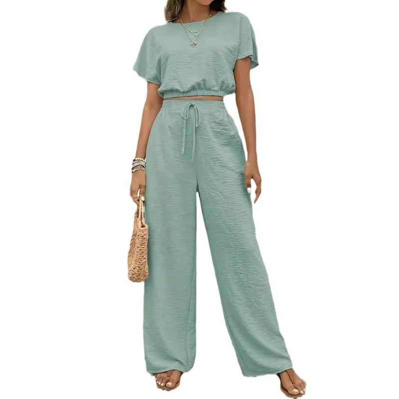 Women's 2 Piece Outfit Short Sleeve Top and High Waist Wide Leg Pants Casual Summer Lounge Set