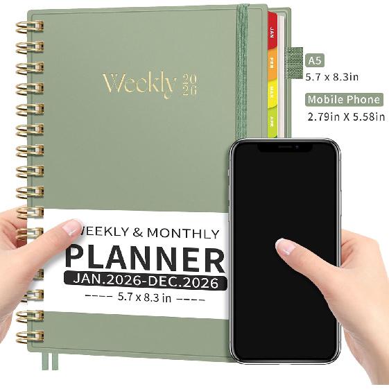 EMSHOI 2026 Planner Weekly and Monthly, Week on One Page with Notes, A5 (5.7"x8.3"), Jan-Dec 2026 Calendar Agenda with Monthly Tabs, Note Pages,