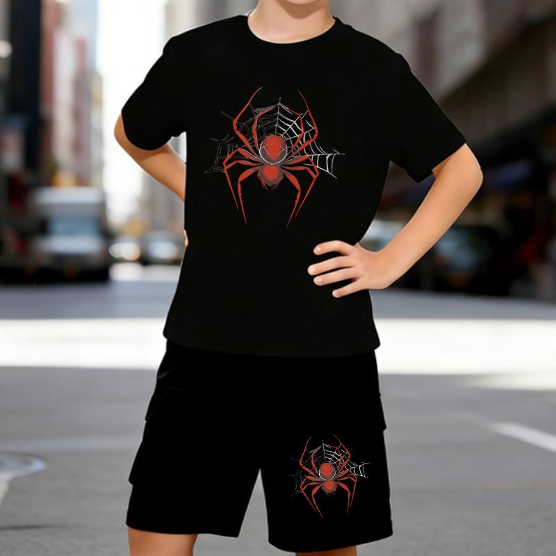 

Boys 2 Piece Cartoon spider printed Outfit, Short Sleeve T-Shirt and Shorts Set for Kids Age 5-14,White Sporty Casual Summer Clothes 5-6 Years чёрный