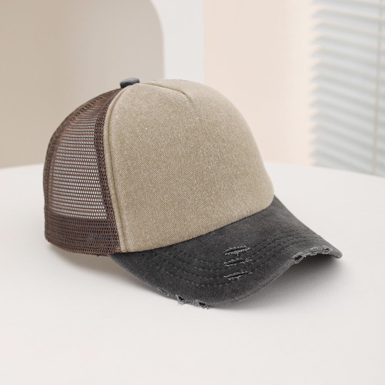 

Fashionable glossy solid color washed sponge top mesh baseball cap, classic perforated and fringed sunshade baseball cap One Size