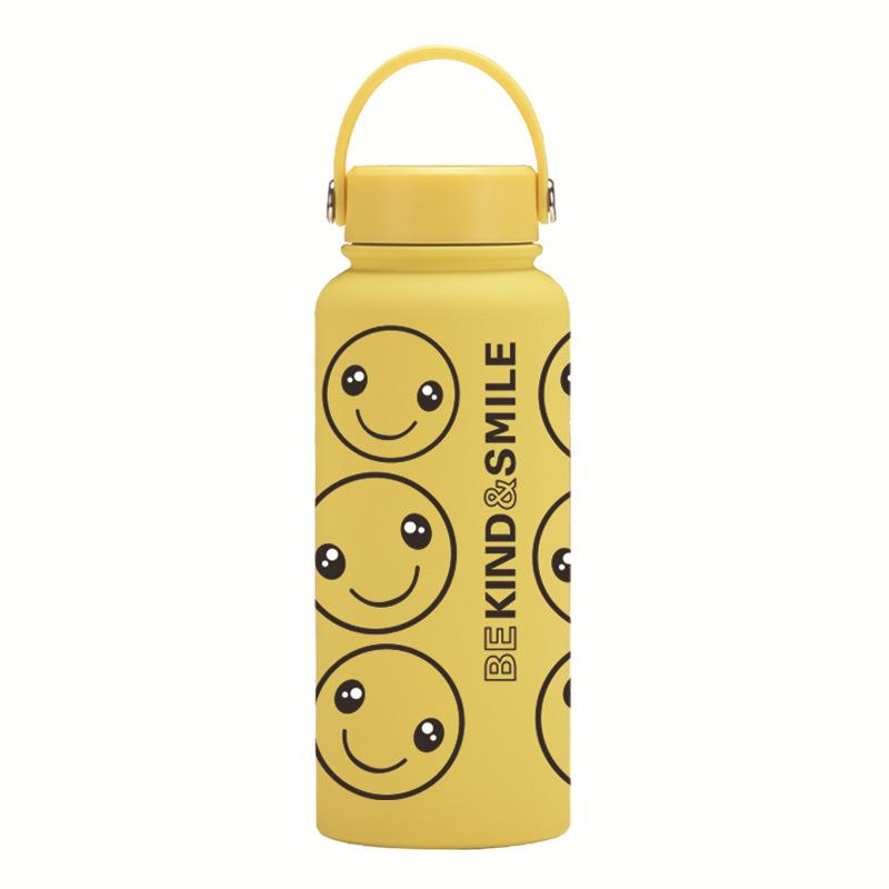 Stainless Steel Thermos Cup Yellow Smiley Face Straw Milk Tea Cup Coffee Cup Set Handle Sports Water Cup