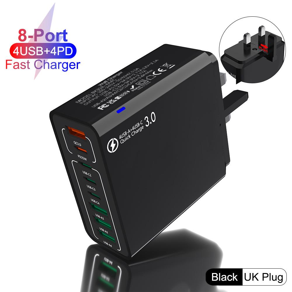 55W 8-Port Fast Charger: 4 USB, 4 PD, QC3.0 Compatible with EU/US/Korean Standards