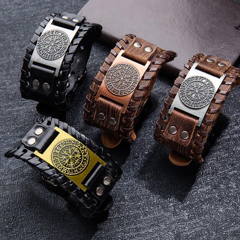 Vintage Viking Leather Bracelet With Compass Pendant Men Handmade Retro Style Adjustable Cuff Band