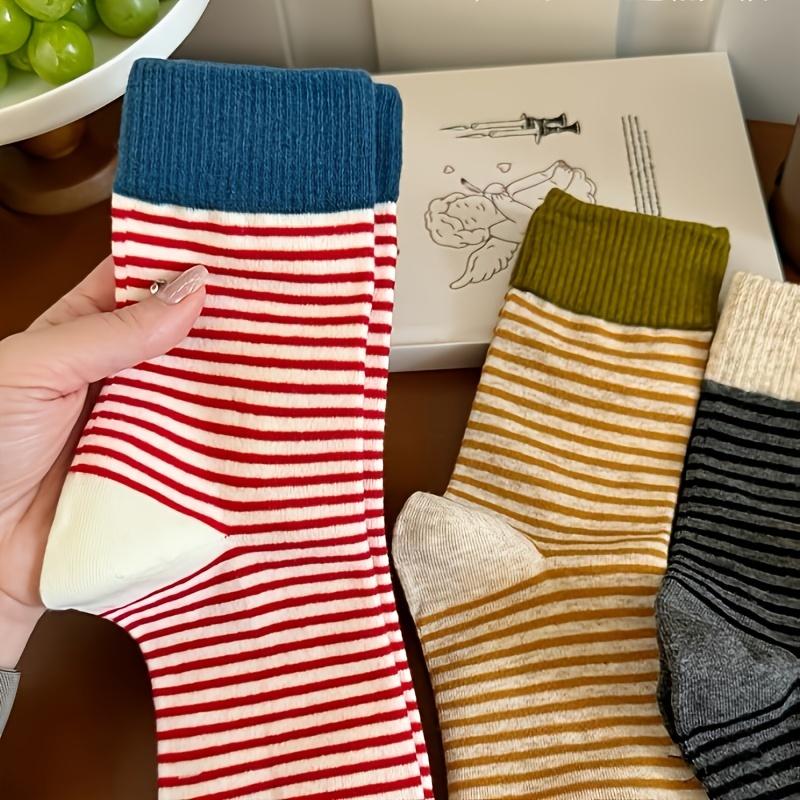 5 Pairs Women's Striped Crew Socks - Preppy Casual Thick Stacked Socks with Side Stripes, Multi-Color Combinations for Fall Winter Warmth Ruffle Socks