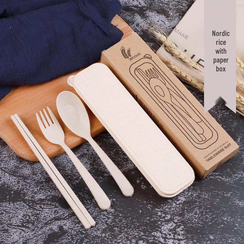 Wheat Straw Tableware Set: Chopsticks, Spoon, Fork with Cute Portable Box