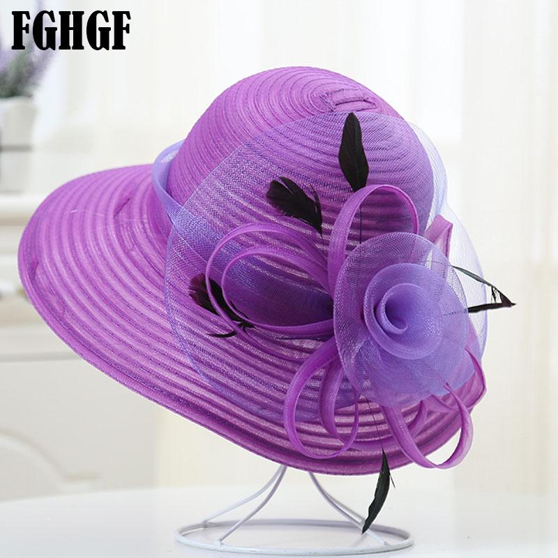 Elegante Sommer-Breitkrempen-Damenhut Große Satinblume Band Feder Schlapphut Strandsonnenhut Kentucky Derby Hochzeits-Kirchenhüte
