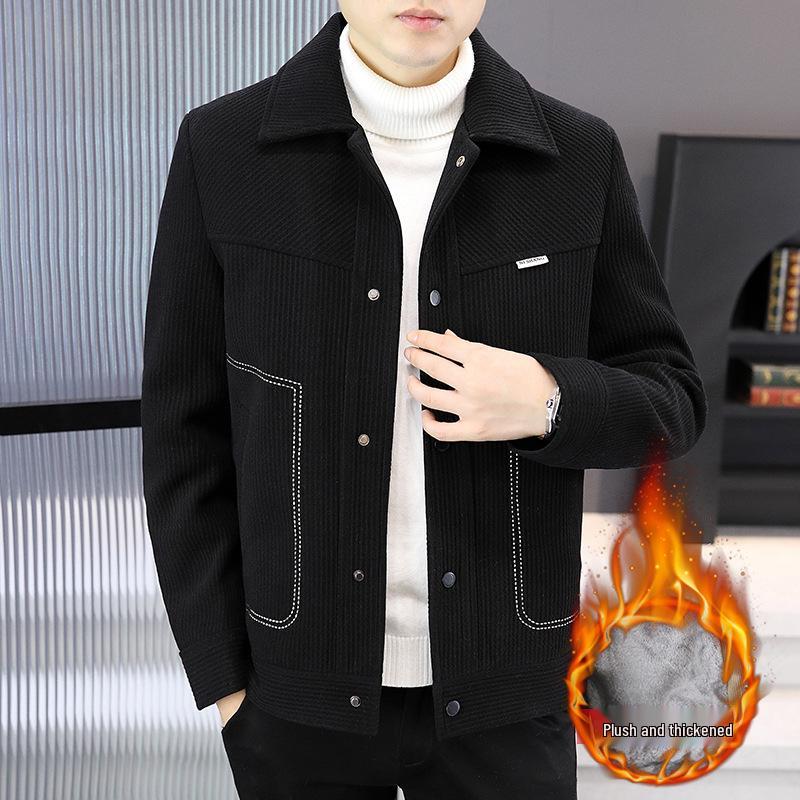 Men's Short Woolen Lapel Coat - Warm Autumn/Winter Casual Jacket with Plus Velvet