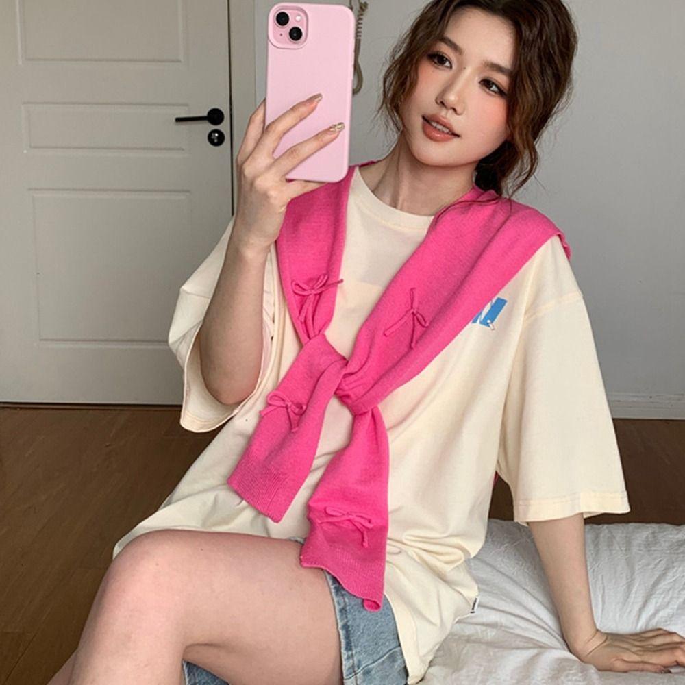 

Solid Color Bow Knitted Shawl Bowknot Wool Scarves Retro Knit Scarf Female