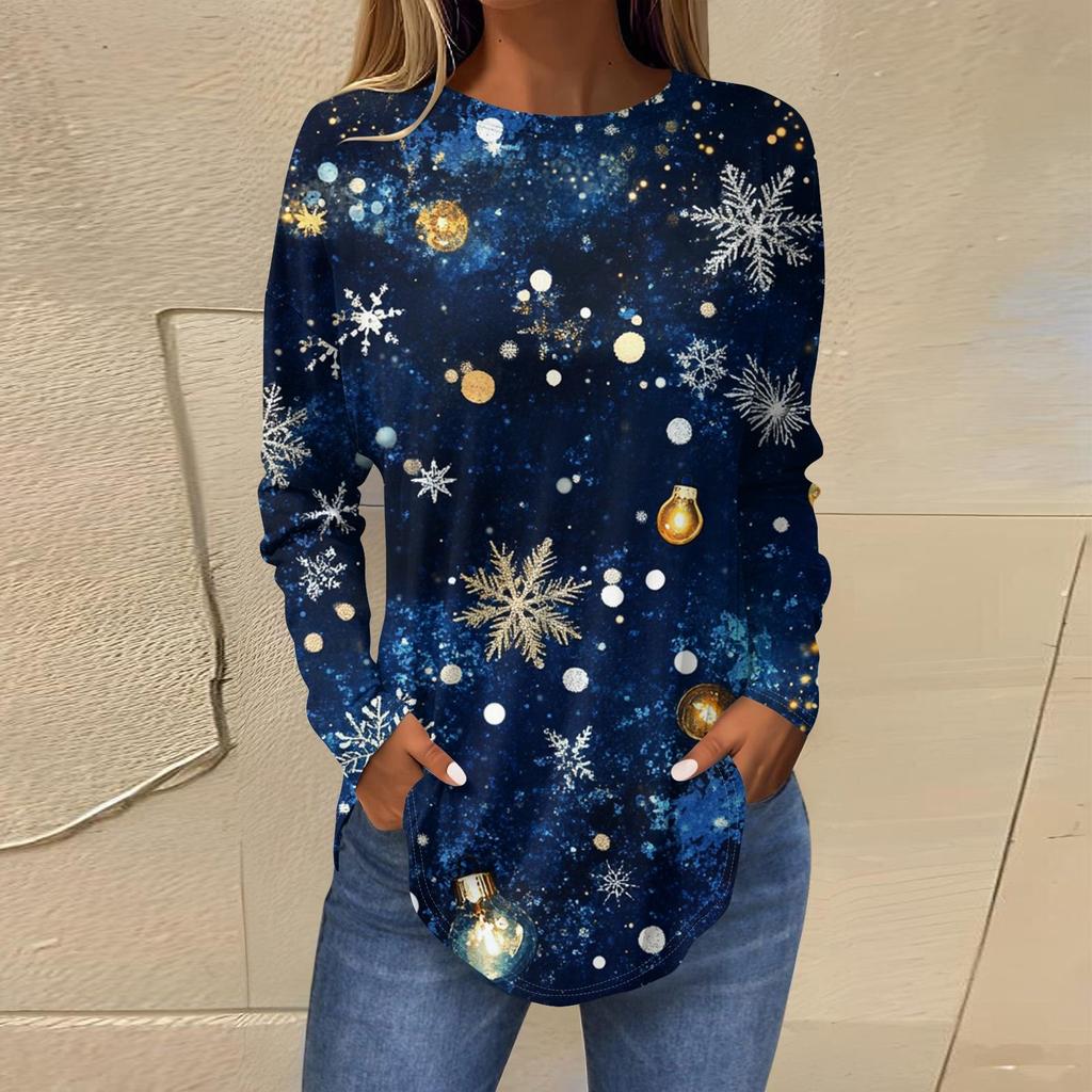 3D Gradient Color Christmas Tree Print Round Neck Long-sleeved T-shirt Casual Long-sleeved Top