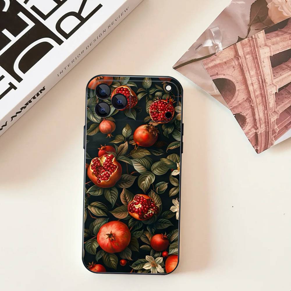 Pomegranate Flower Pattern For iPhone 17,16,15,14,13,12,11,Pro,Max,Plus,E,SE4,Air,Mini Black Soft Cover Phone Case