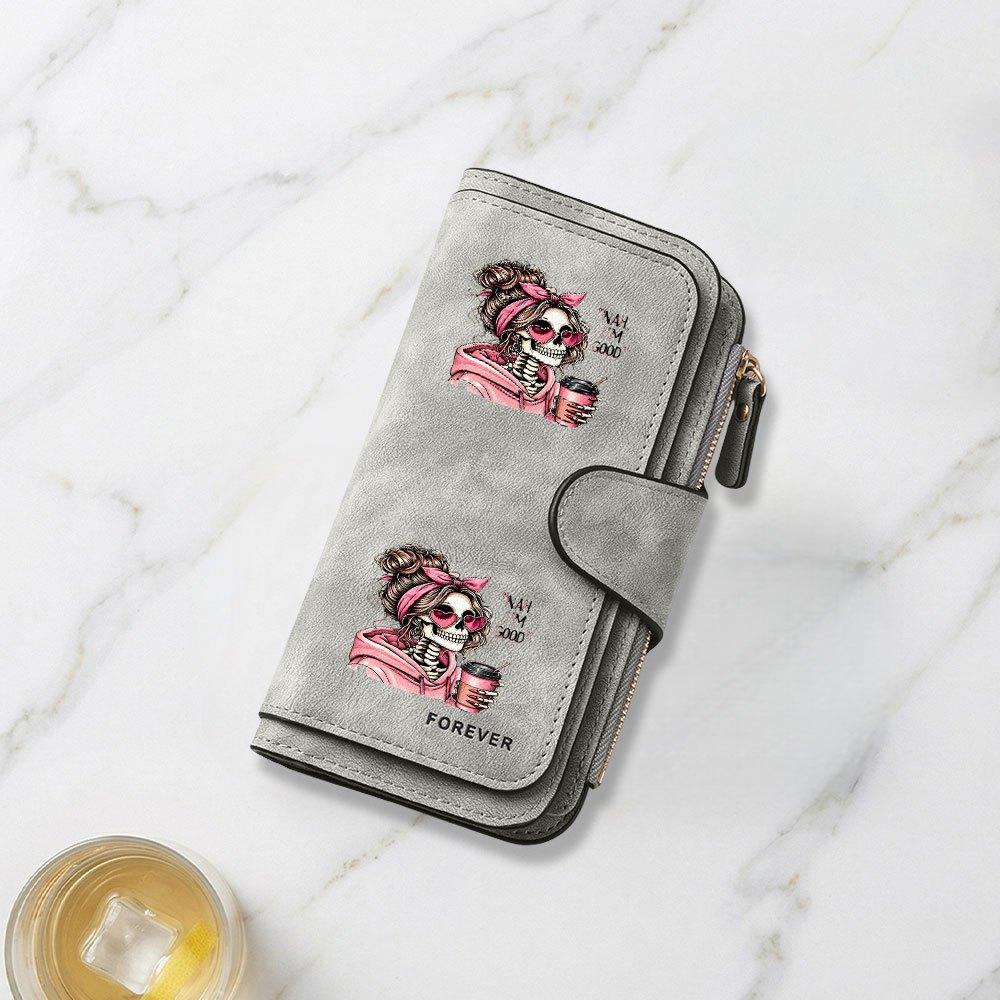 Fashionable long wallet with stylish skull and coffee cup print design eye catching multifunctional portable with clasp for coins large capacity