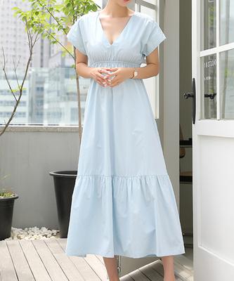 Ppaeppae Banded Frill Back Ribbon V-Neck Long Dress