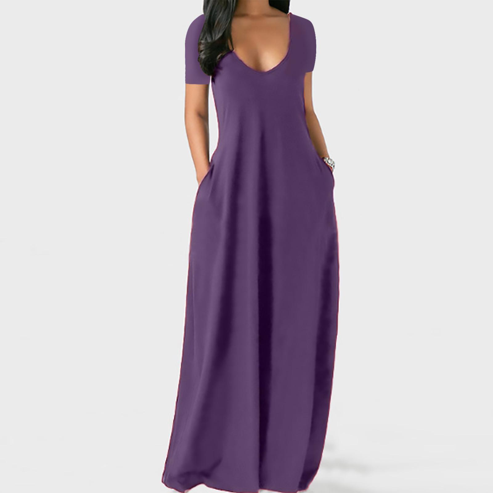

Женское однотонное повседневное платье с коротким рукавом и V-образным вырезом, свободного покроя, большого размера, с карманом, длинное XXXXXL фиолетовый