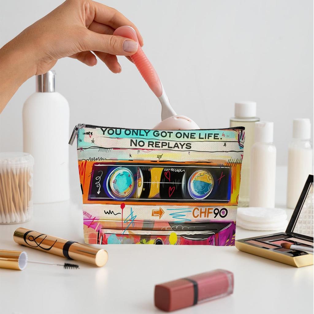 Vintage Cassette Makeup Bag with Retro Gentleman Hat Design - Makeup Brush Holder & Toiletries Storage Box