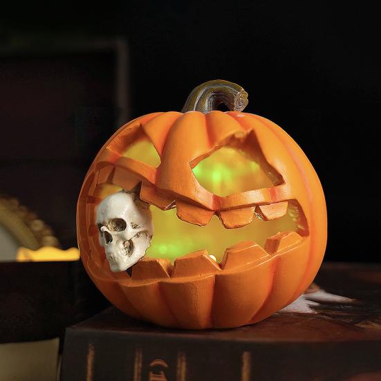 Halloween Pumpkin Sculpture with Light Spooky Pumpkin Figurine with Skull Resin Table