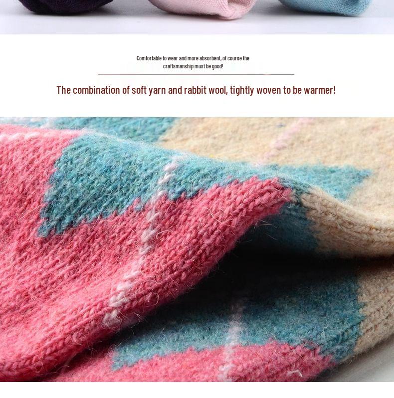 Langsha Women's Thickened Mid-Calf Rabbit Wool Plaid Socks for Autumn and Winter.