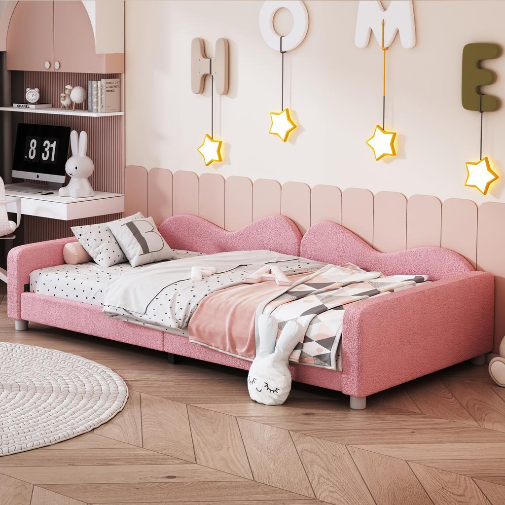 Kinderbett Polsterbett 90*200cm, Schlafsofa Bettgestell Teddy Stoff Multifunktionales Weiches Bett mit Rückenlehne und Armlehnen Jugendbett Gästebett Rosa