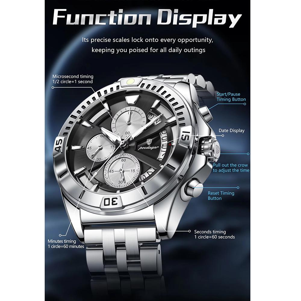Mens Business Chronograph Watch Stainless Steel Band Luminous Date Waterproof Analog Quartz Dress Wrist Watch