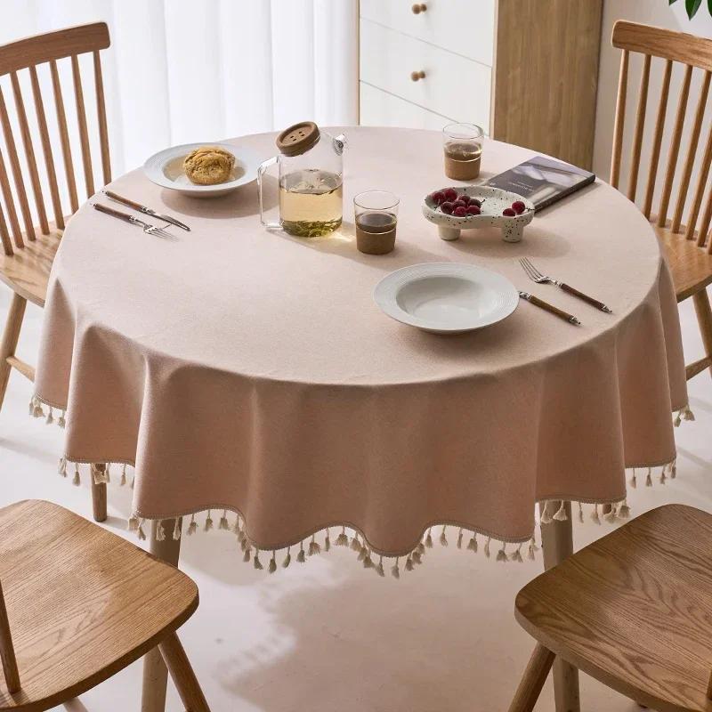 Tassels Tablecloth Waterproof Solid Color Table Cloth Round Cotton Linen Table Cover Dining Party Hotel Desk Case