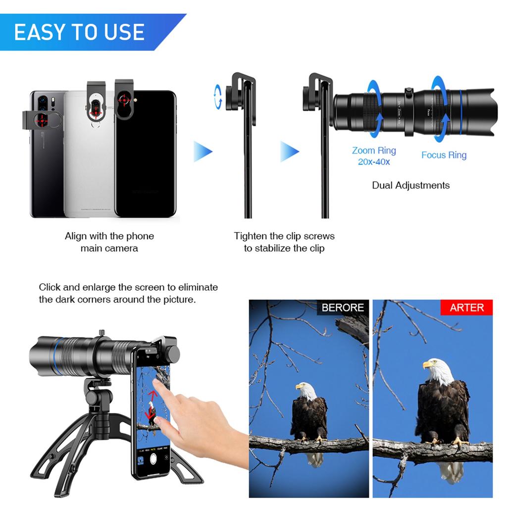 Metal HD 20 40X Zoom Single Tube Telescope External Dual Adjustment Monocular Phone Telephoto Lens with Tripod